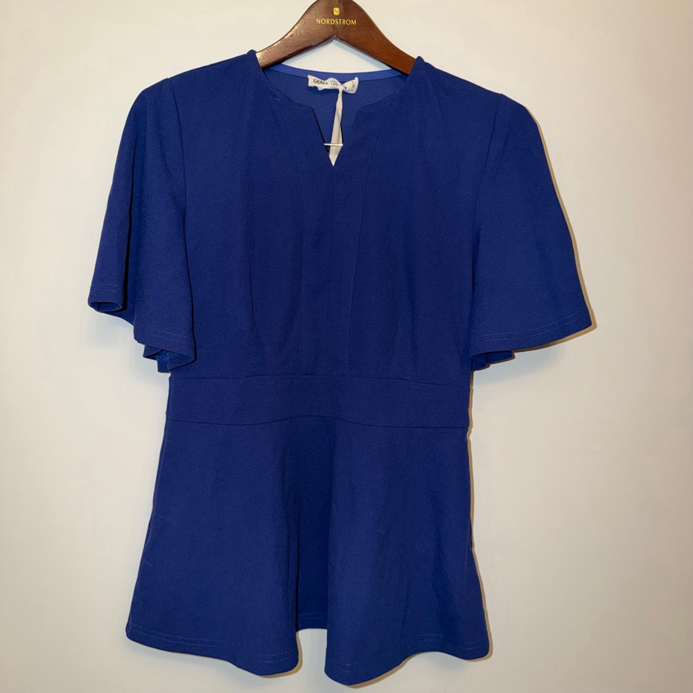 Grace Karin Royal Blue Peplum Top Flutter Sleeve NWT Notched VNeck Office Wear M